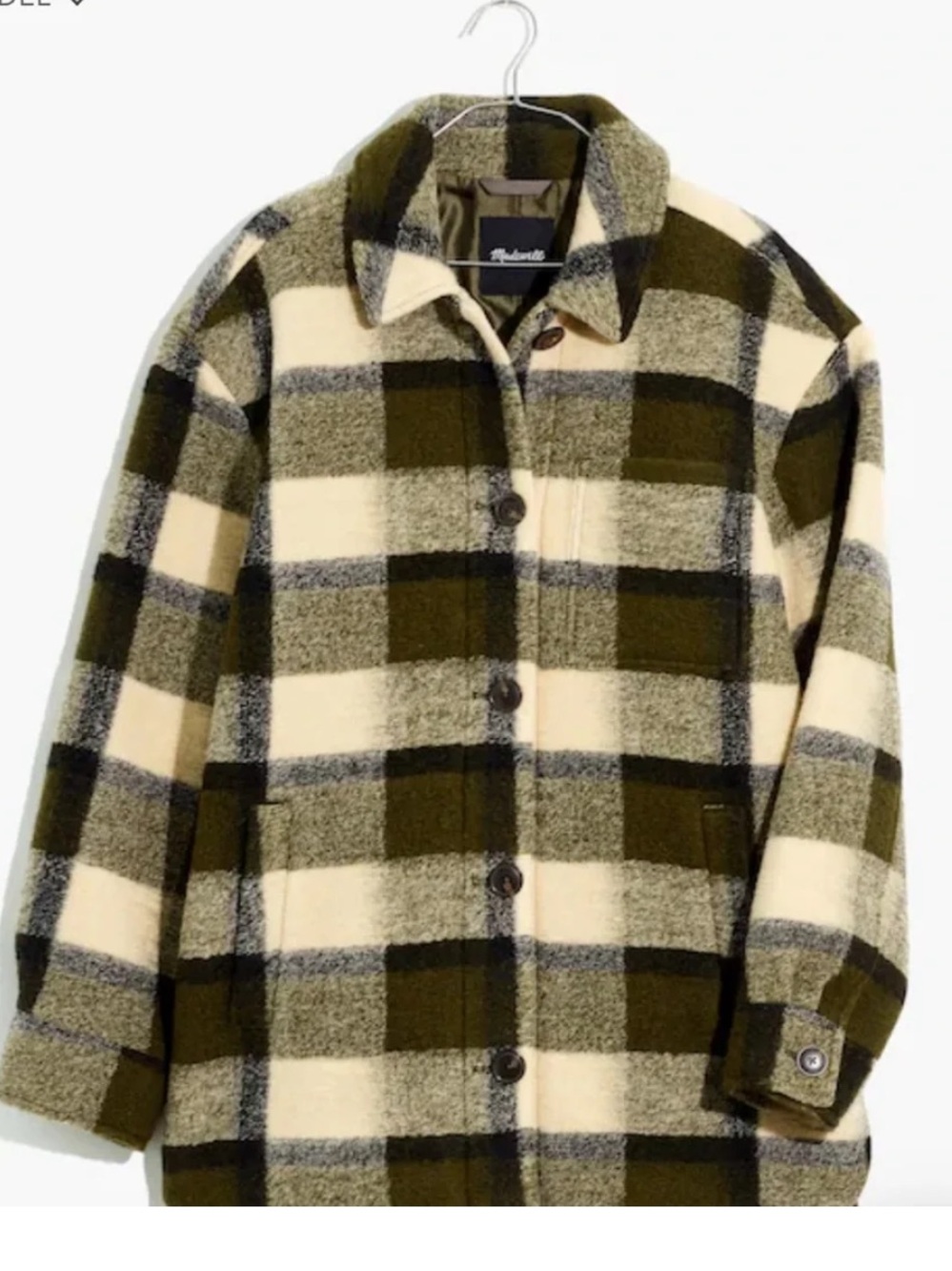 Madewell Plaid Sherpa Shacket in Olive & Cream - Picture 4 of 7